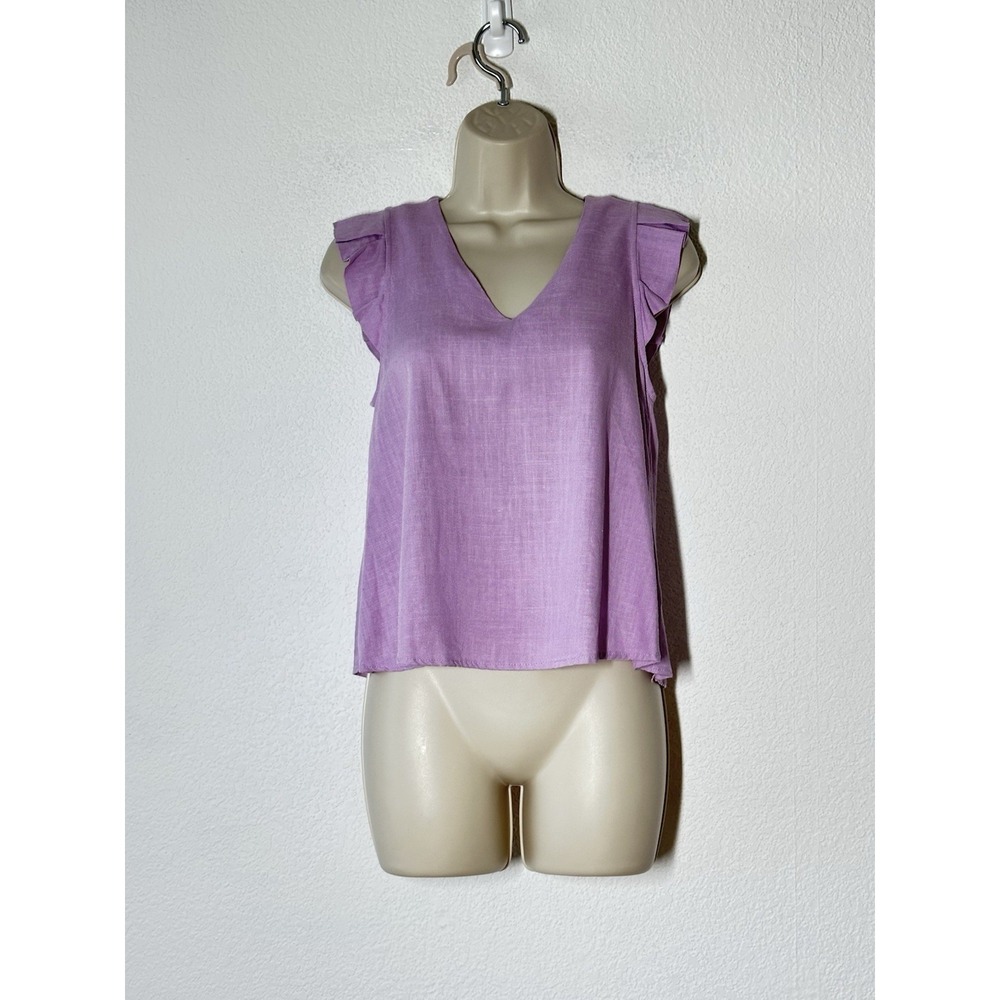 KLD Signature Small Linen Blend Top‎ Purple Ruffle Sleeve Minimalist Career